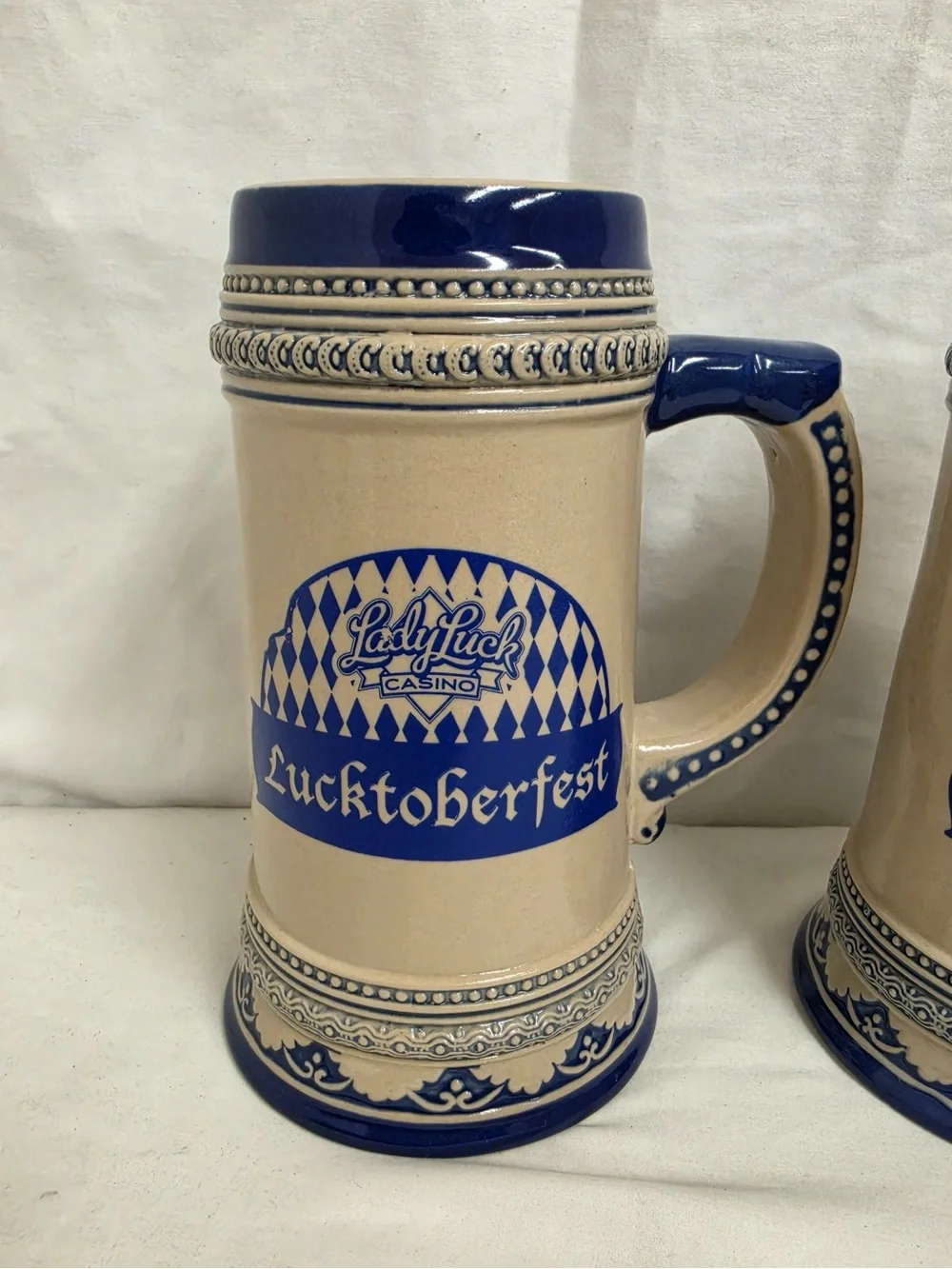 Lady Luck Casino Lucktoberfest Beer Steins Set of 2 Ceramic Blue Cream Large